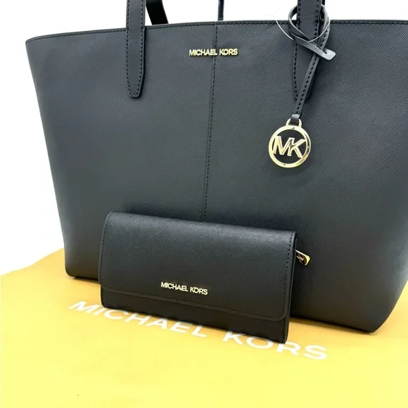 Michael Kors MD Zip Top Tote Bag Large Trifold Wallet Black